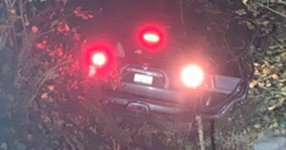 KCSO courtesy photo
The Toyota 4Runner crashed through guardrails, down an embankment, and into a tree in South Kitsap Nov. 6.