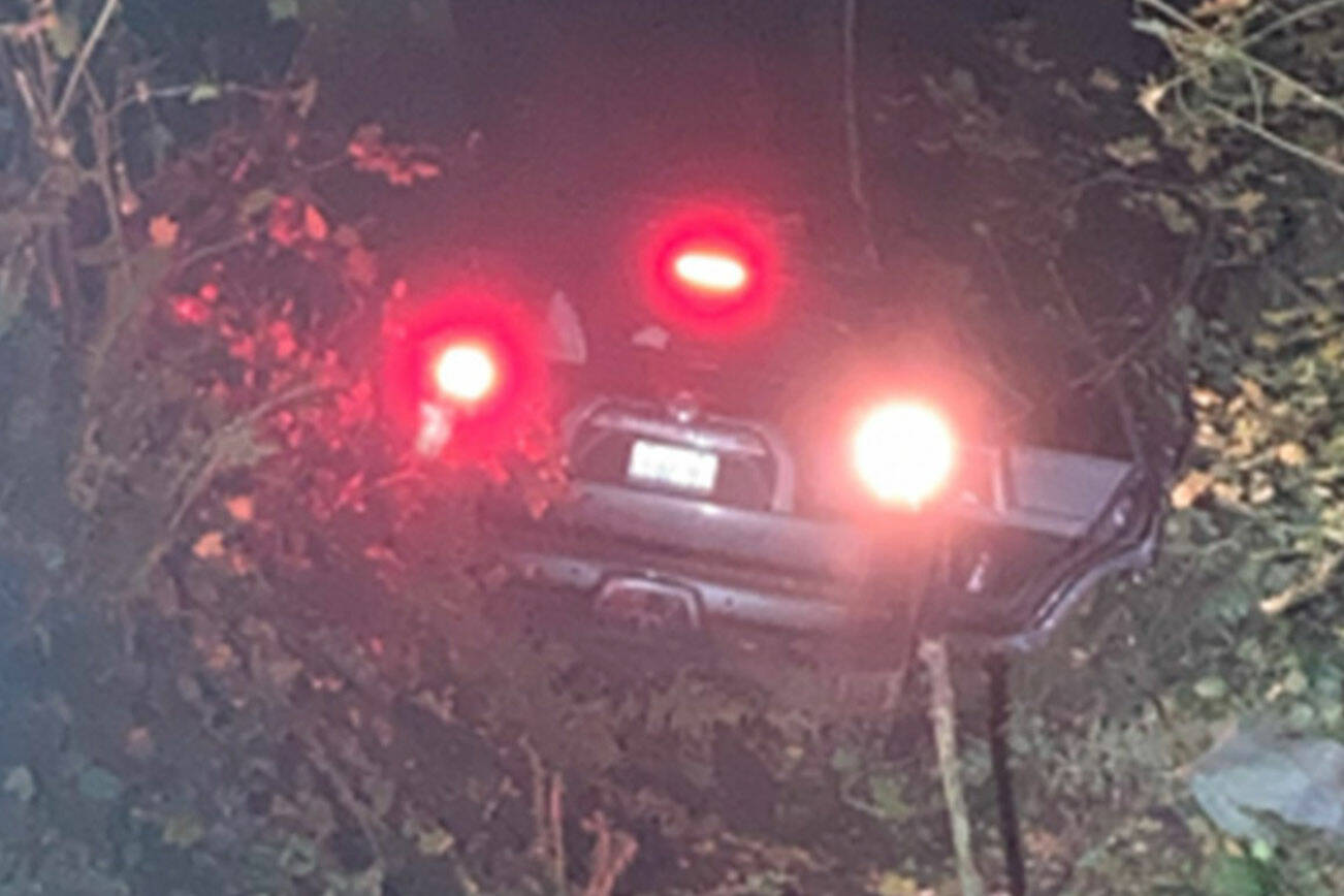 KCSO courtesy photo
The Toyota 4Runner crashed through guardrails, down an embankment, and into a tree in South Kitsap Nov. 6.