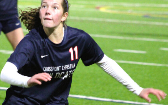 Elisha Meyer/Kitsap News Group
Crosspoint junior Valea Wasson follows the path of the ball after a throw in the first half of a match.