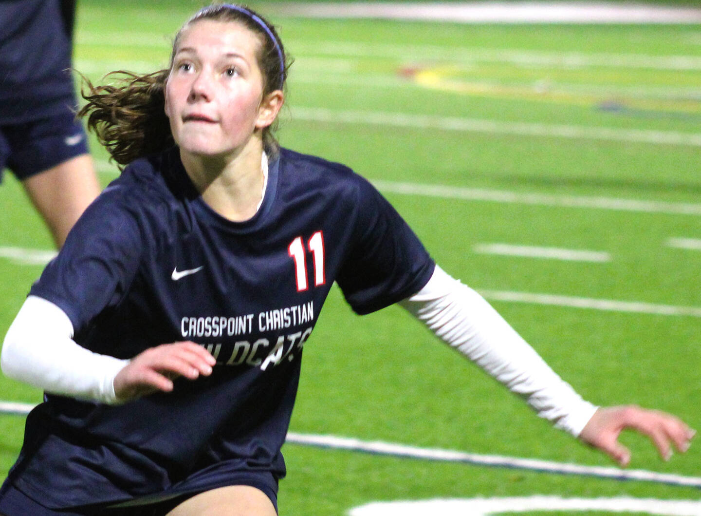 Elisha Meyer/Kitsap News Group
Crosspoint junior Valea Wasson follows the path of the ball after a throw in the first half of a match.