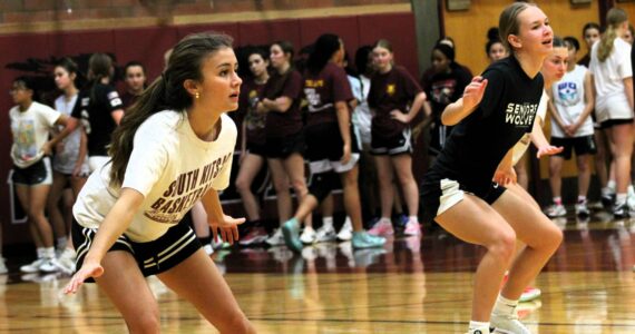 Elisha Meyer/Kitsap News Group
South Kitsap girls trying out for the basketball team run through drills on day one of the 2024-25 winter sports season.