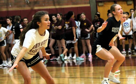 Elisha Meyer/Kitsap News Group
South Kitsap girls trying out for the basketball team run through drills on day one of the 2024-25 winter sports season.