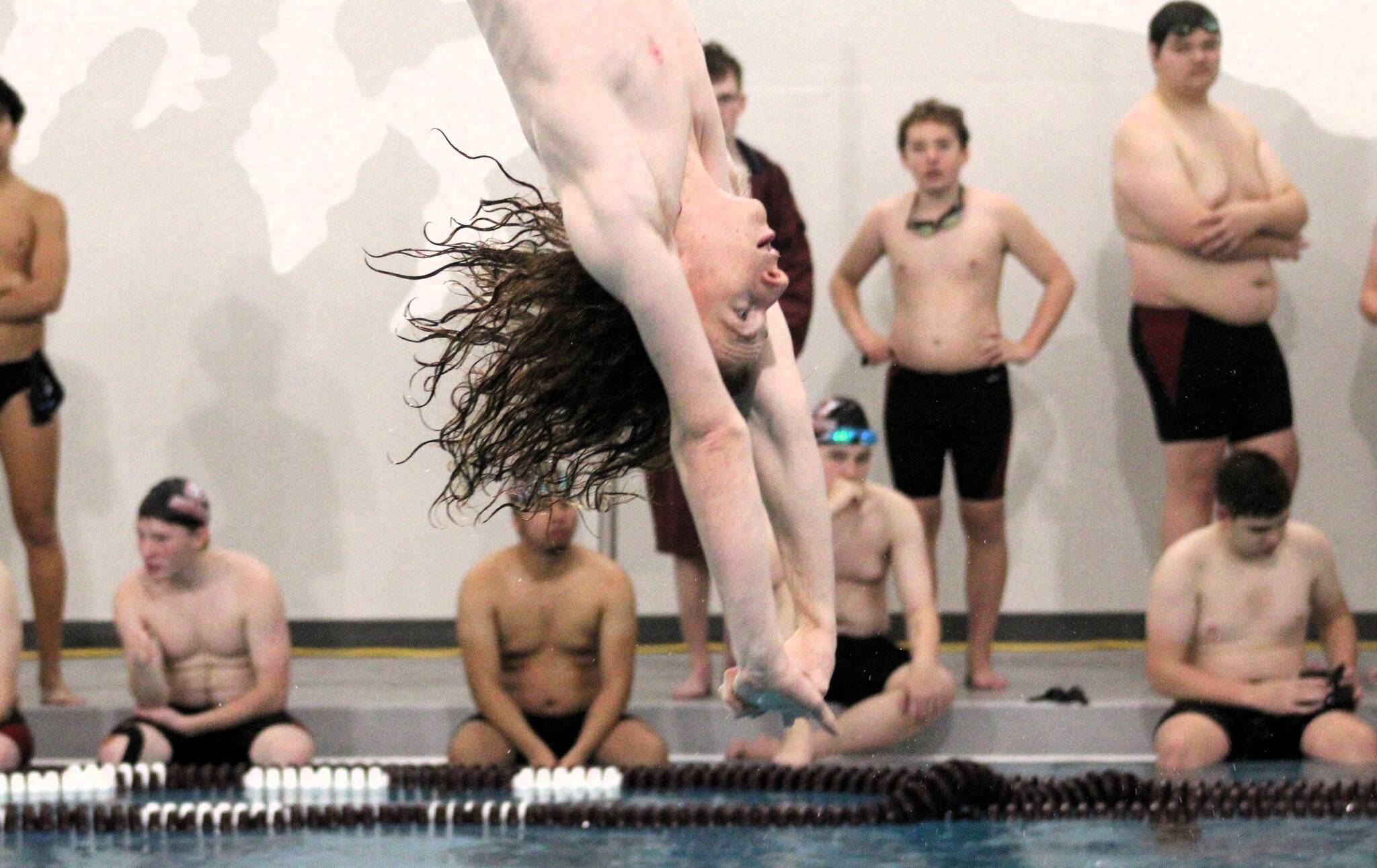 Elisha Meyer/Kitsap News Group photos
South Kitsap senior Ronan Wilson takes a practice dive before the contest begins.