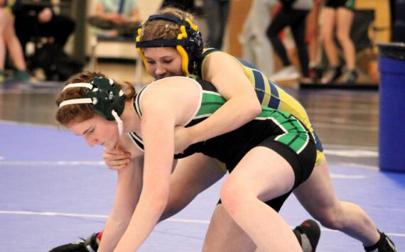 Elisha Meyer/Kitsap News Group photos
Klahowya’s Kaliani Fultz works to try an escape a takedown from her opponent.