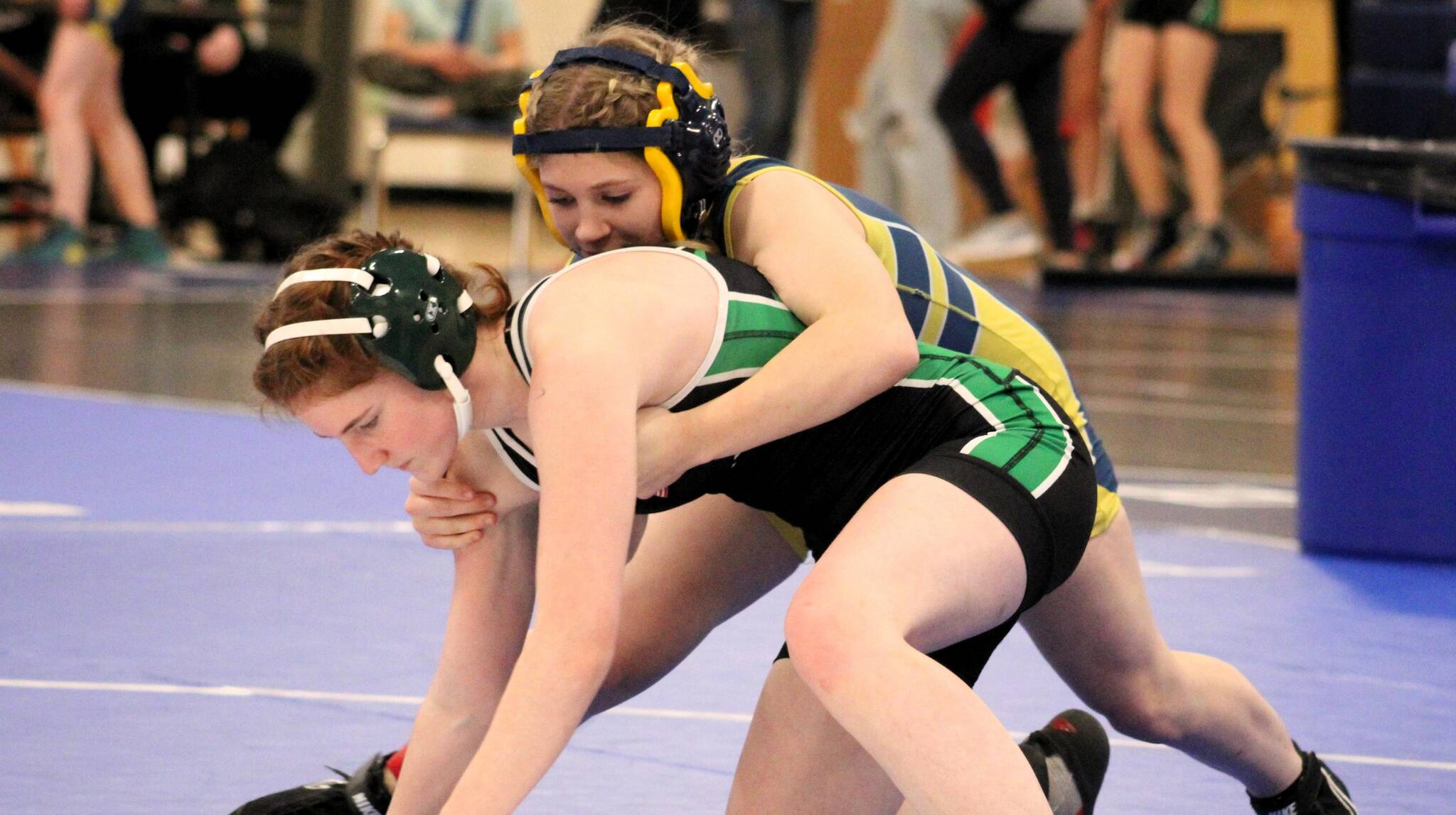 Elisha Meyer/Kitsap News Group photos
Klahowya’s Kaliani Fultz works to try an escape a takedown from her opponent.