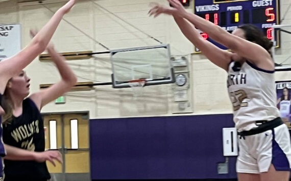 Luke Caputo/Kitsap News Group
NK senior forward Teegan DeVries goes up for a jump shot in the first quarter of a game against Sequim Jan. 10.