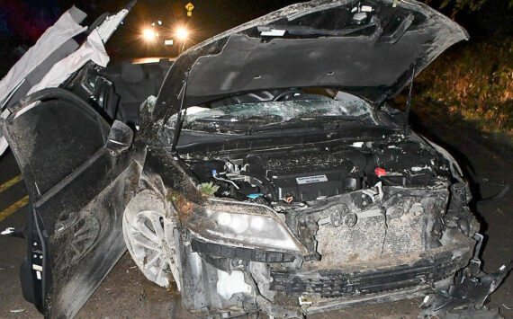 KCSO courtesy photo
A 2015 Honda Accord is totaled following a rollover collision on Gunderson Road in North Kitsap Feb. 1.