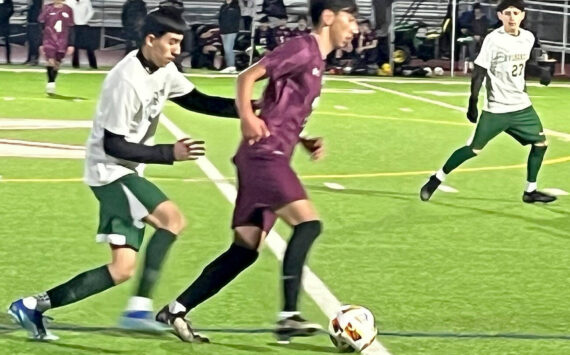 Luke Caputo/Kitsap News Group photos
SK midfielder Yuji Ehret dribbles the ball down the field in a 3-1 loss to the Evergreen Wolverines March 12 at South Kitsap High School.